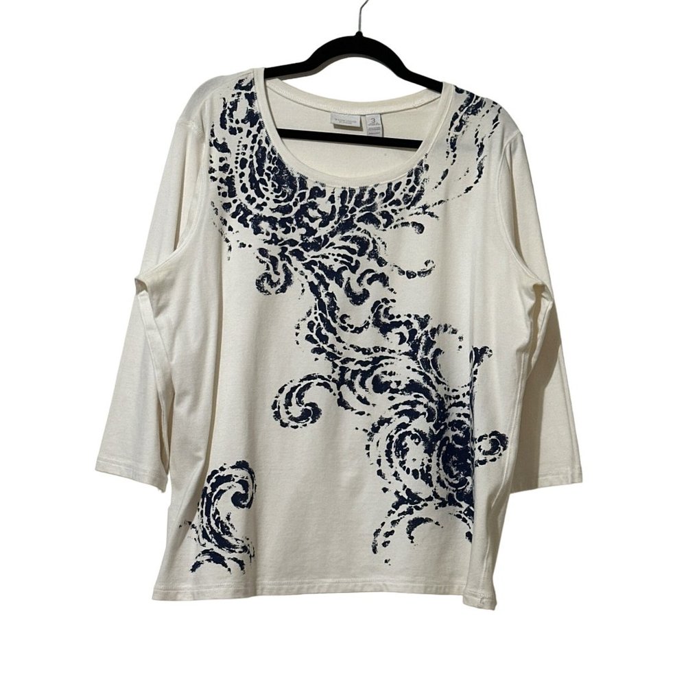 Weekends by Chico’s size 3 cream with navy print rhinestones 3/4 sleeve top